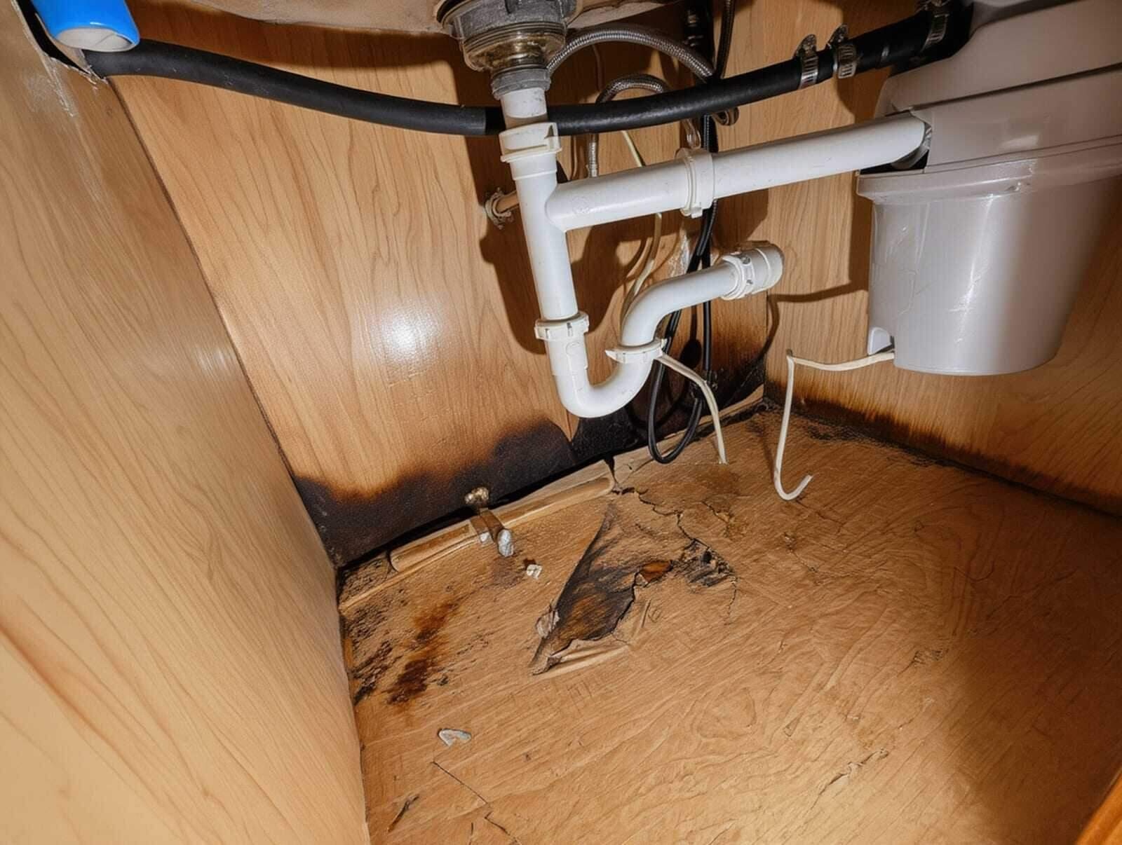 Technician drying a kitchen cabinet base and wall after an appliance leak in a Dallas, TX home