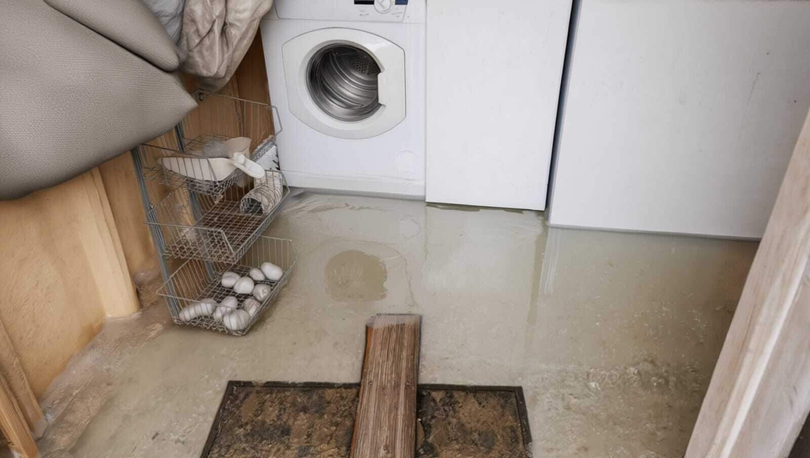 Standing water from a failed washing machine flooding a laundry room in a Dallas, TX home