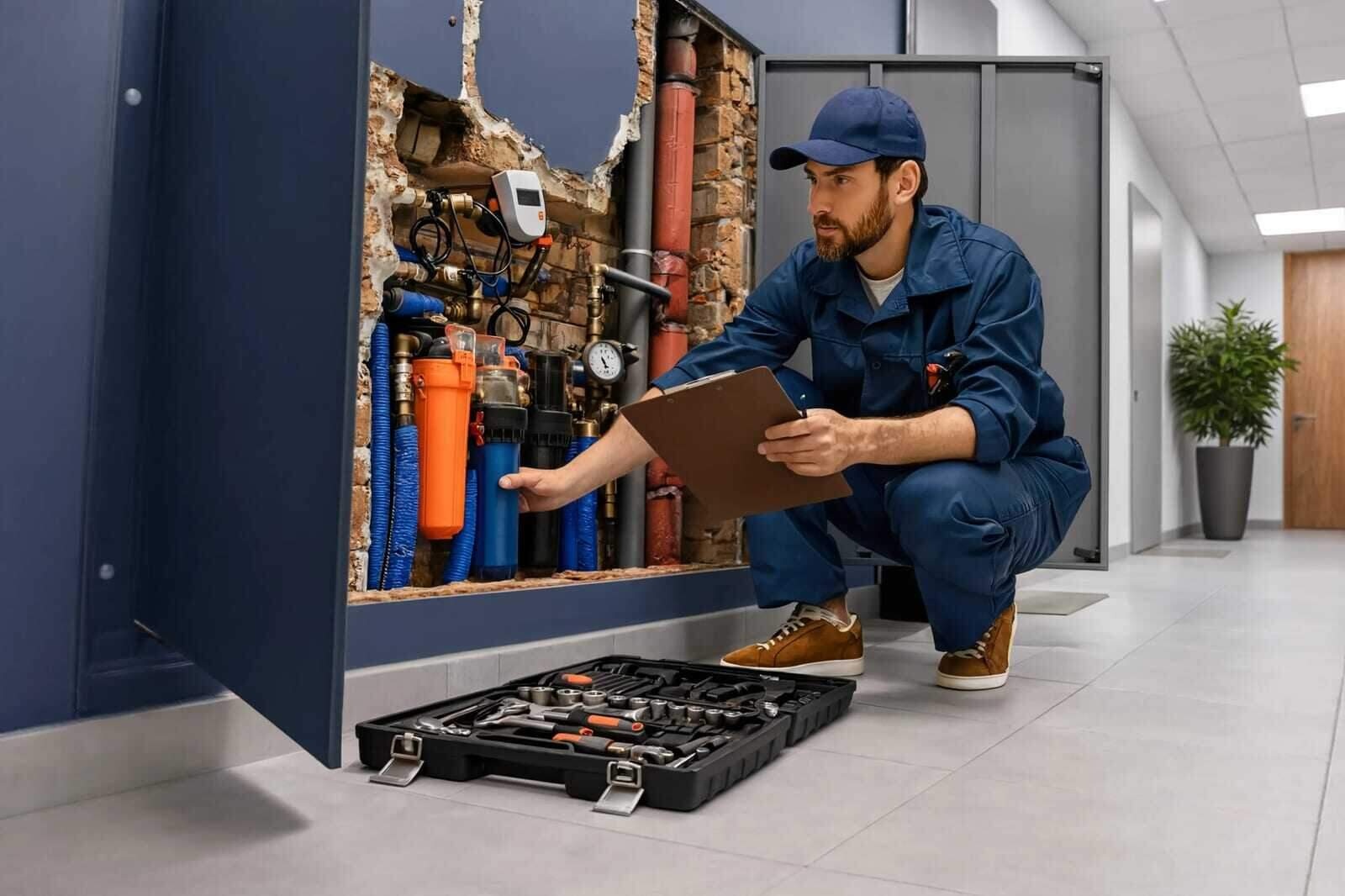 A uniformed restoration technician inspecting a building's water system with a clipboard during a professional assessment