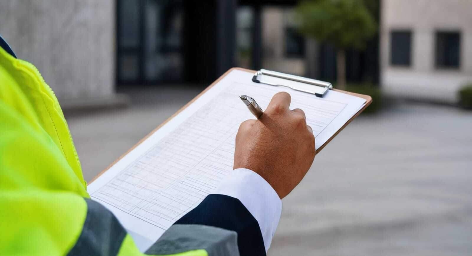 Documenting water damage on a clipboard for an insurance claim