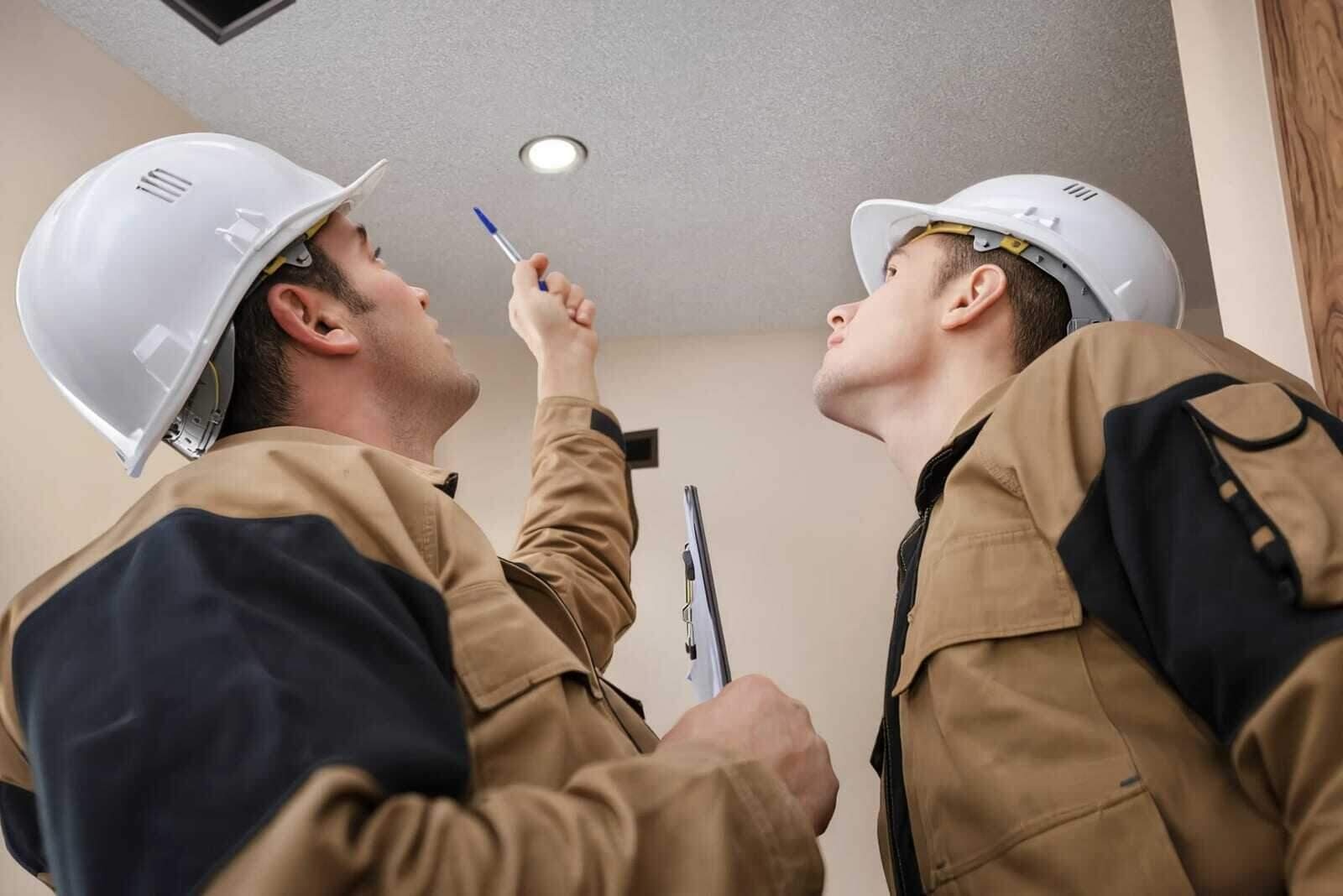 Restoration technicians inspecting water damage to scope the repair cost