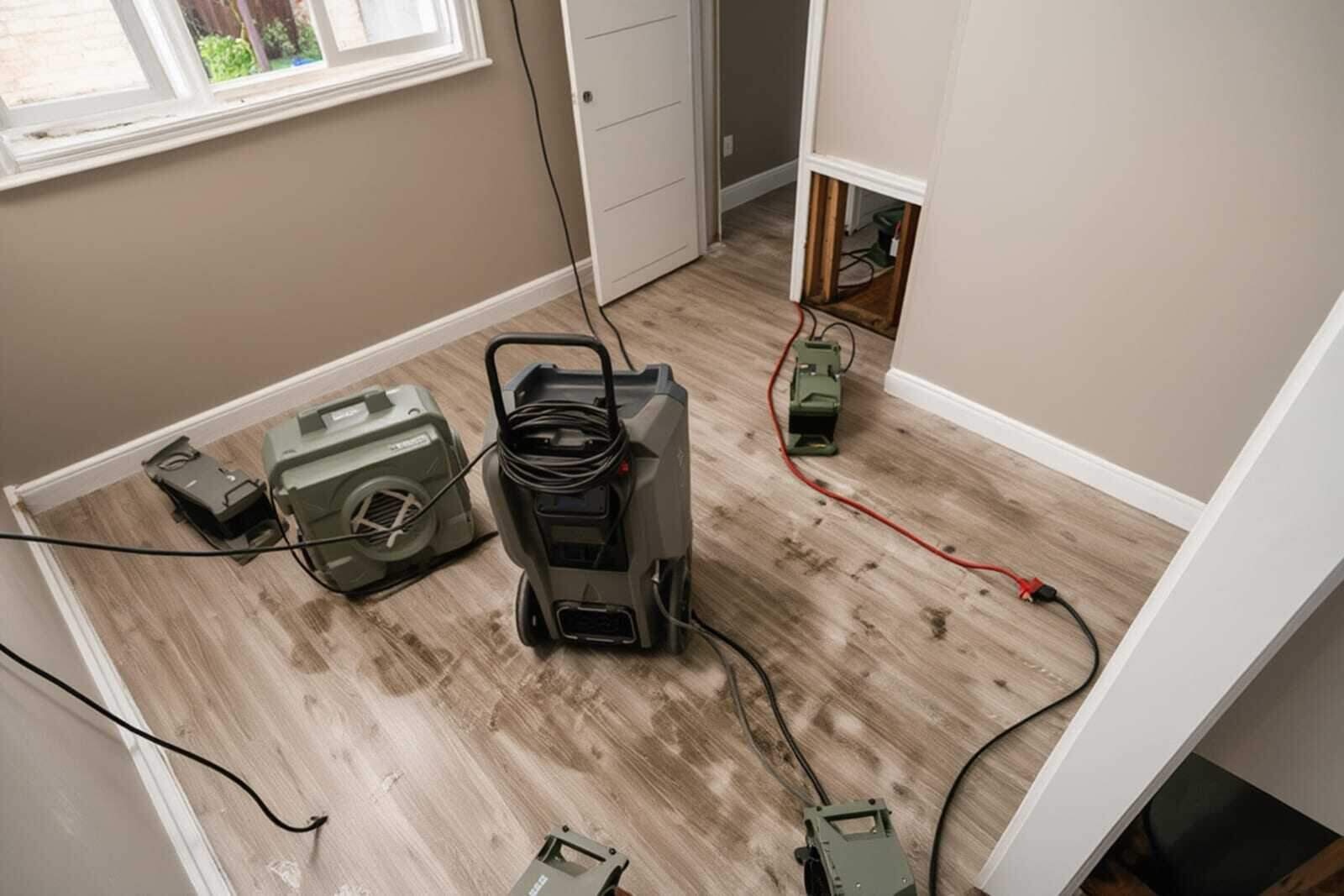 Air movers drying an opened wall cavity after a burst-pipe cleanup in a Dallas, TX home