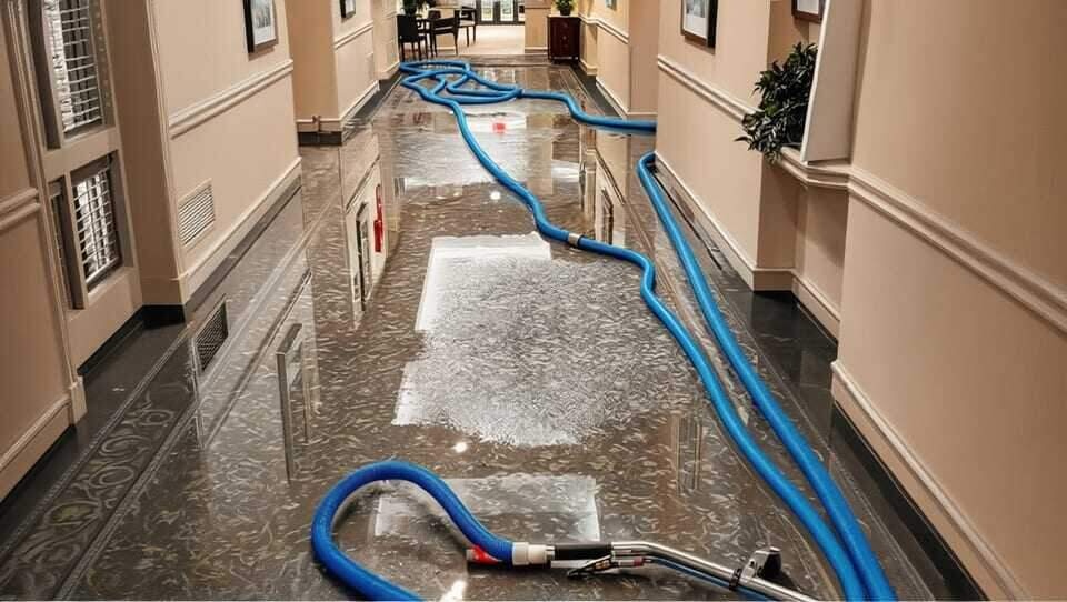 Truck-mounted water extraction from soaked flooring on a Dallas job