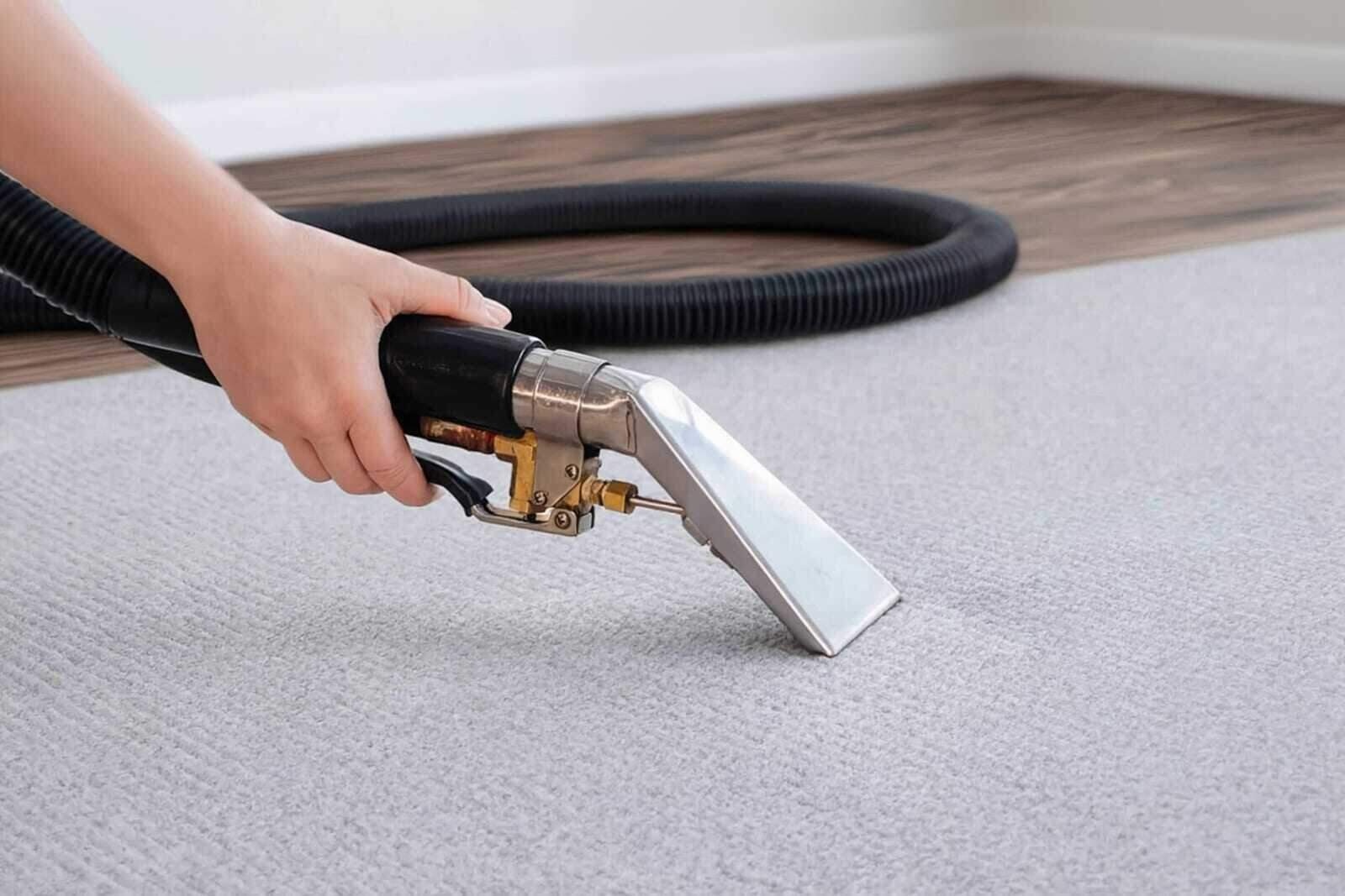 Water being extracted from soaked carpet with an extraction wand in a Dallas, TX home