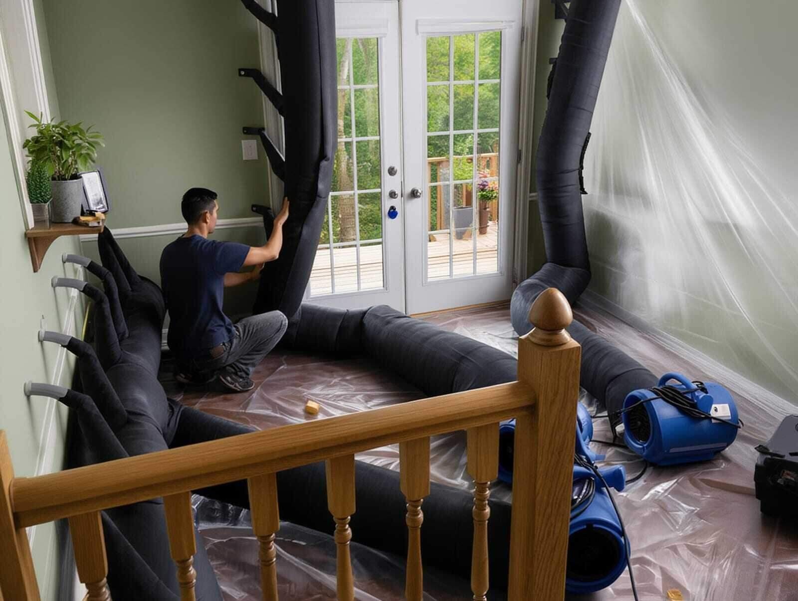 Technician drying a ceiling cavity and inspecting drywall after a roof leak in a Dallas, TX home