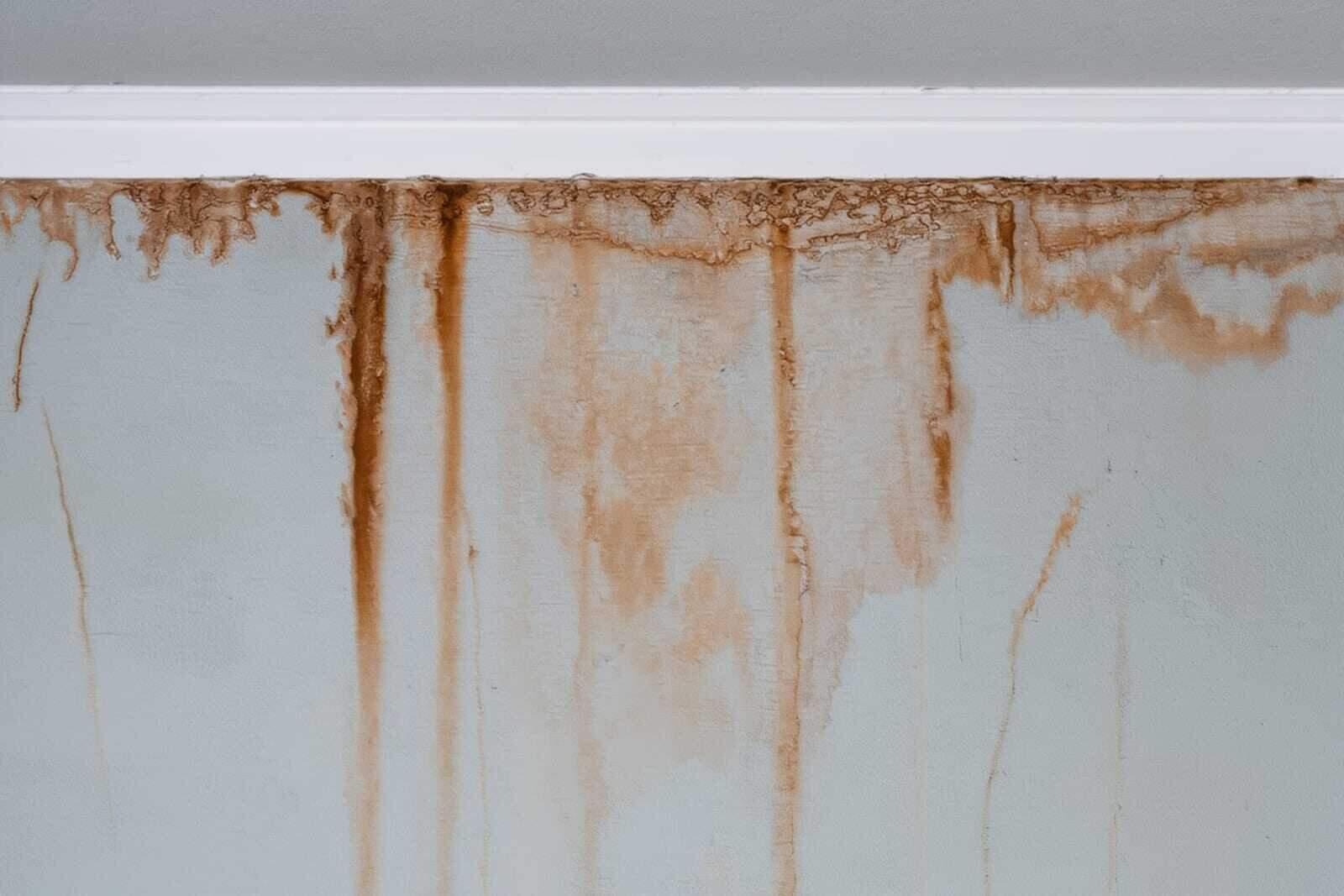 Brown water stain and bubbling paint on a ceiling in a Dallas, TX home