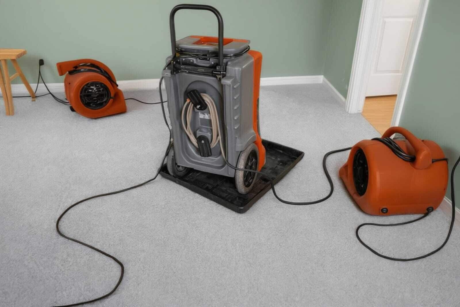 Commercial air movers and an LGR dehumidifier drying a room after a water loss in a Dallas, TX home