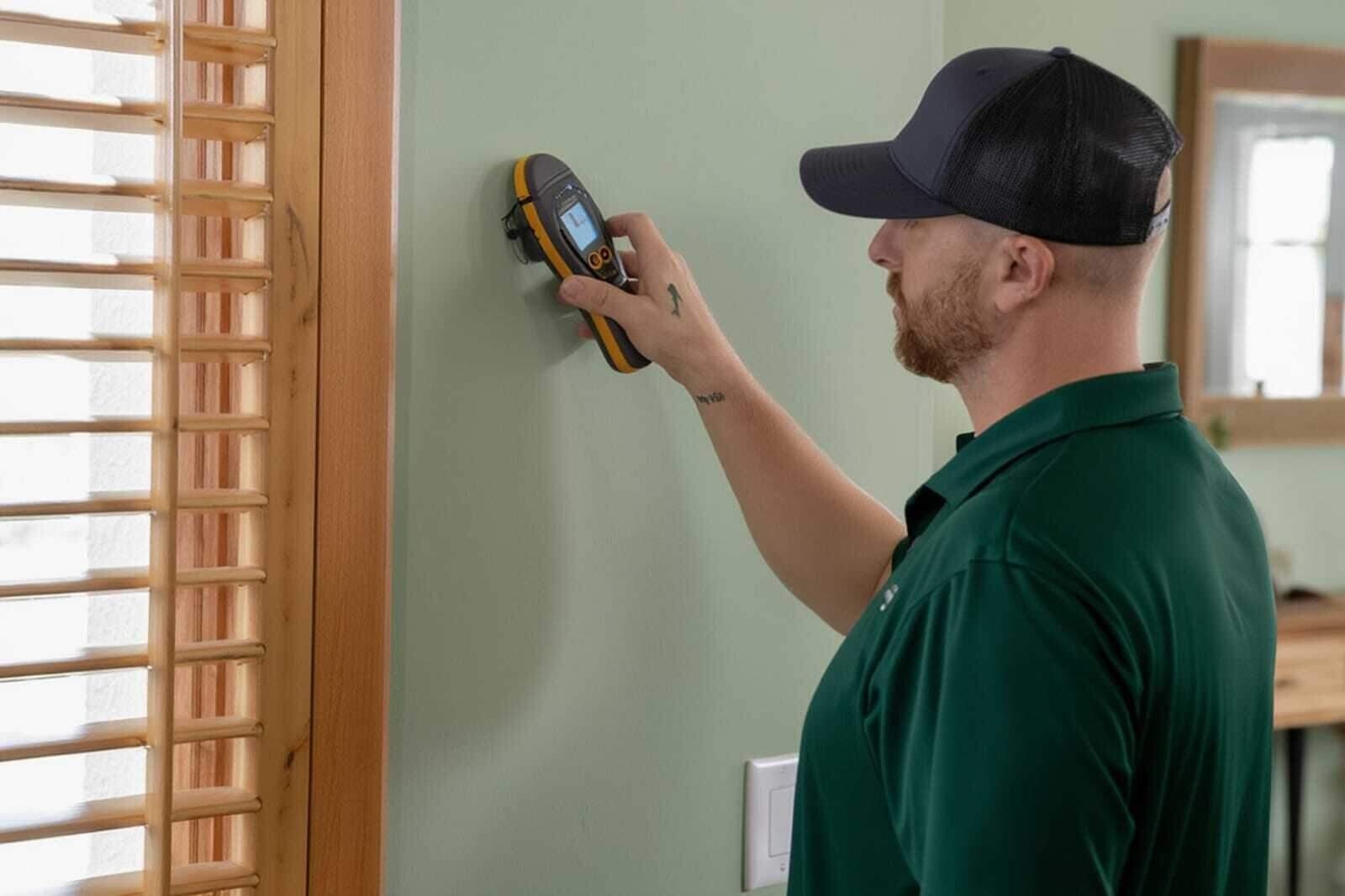 Technician taking a moisture-meter reading on a wall during structural drying in a Dallas, TX home
