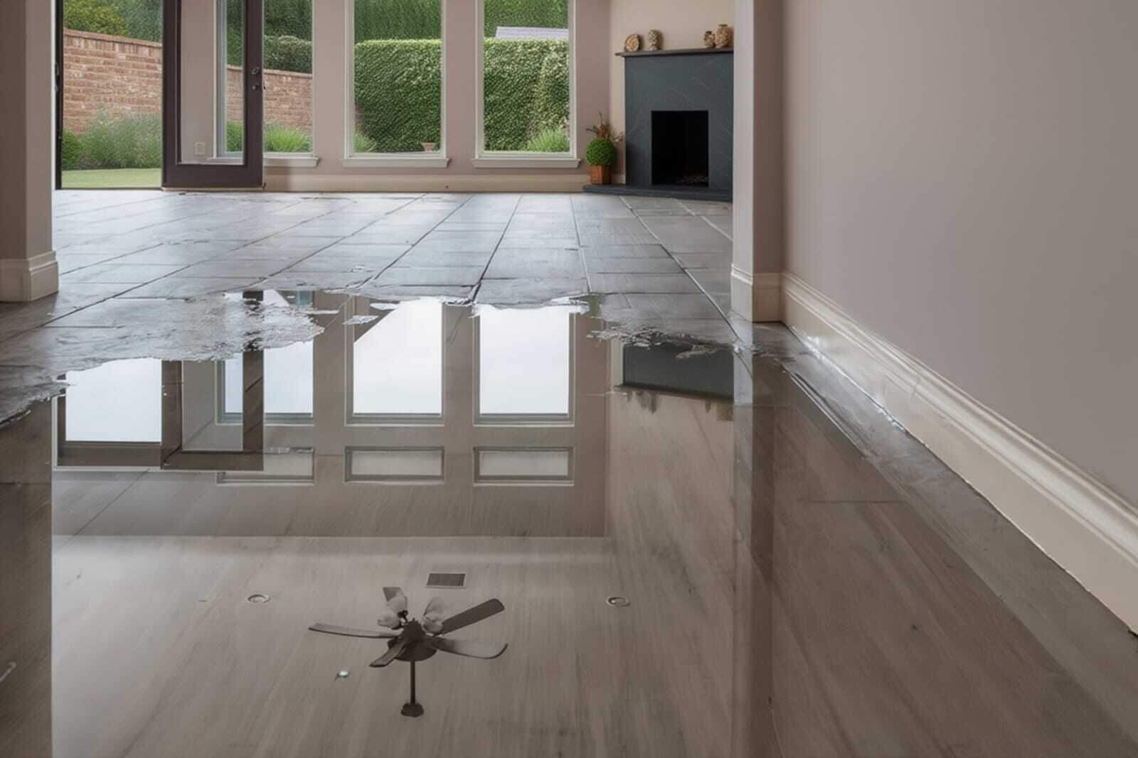 Standing water flooding a Dallas, TX living-room floor during a water emergency