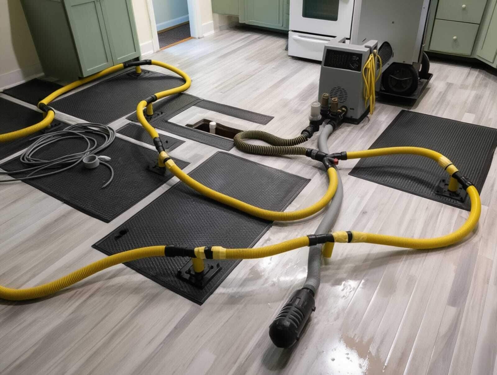 Air movers and a commercial dehumidifier drying a Dallas, TX room after water extraction
