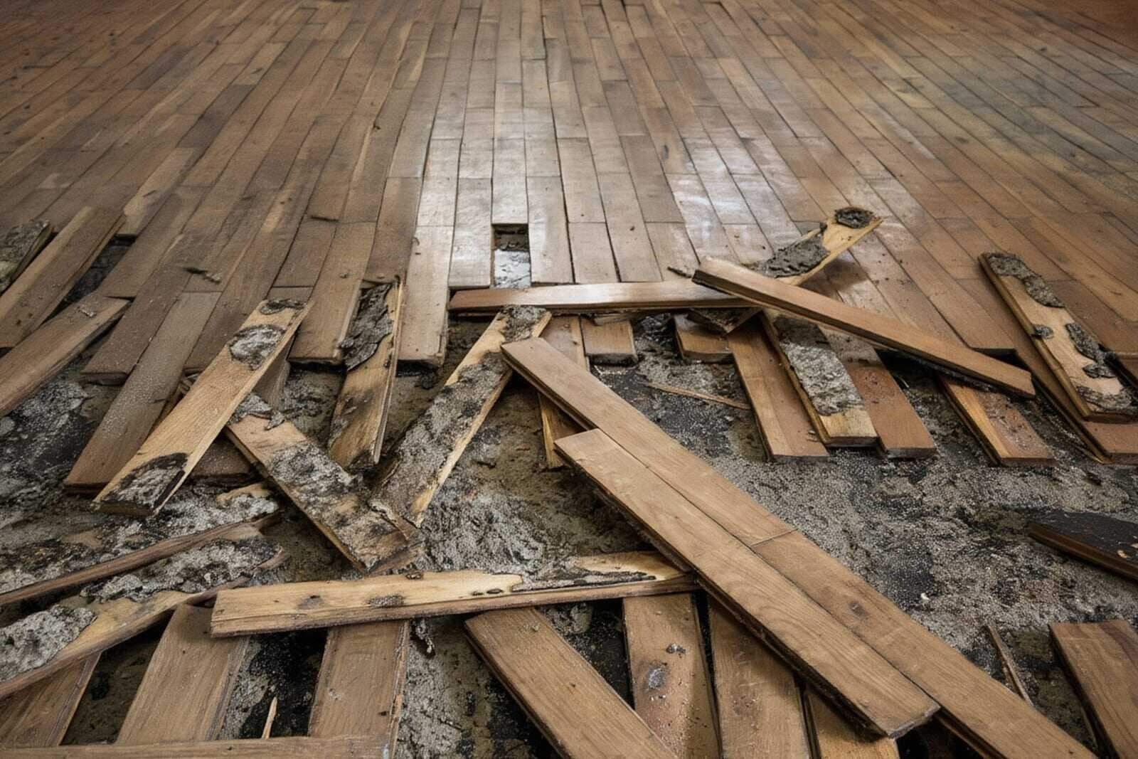Buckled and lifted hardwood flooring from water damage in a Dallas, TX home