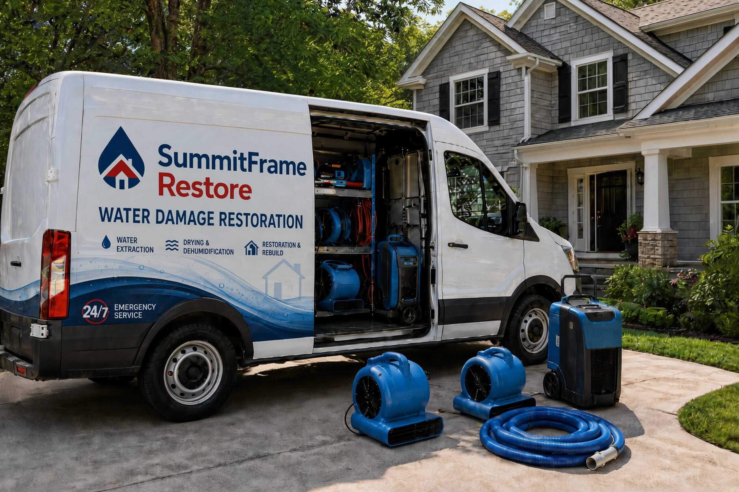 SummitFrame Restore water damage response van with drying equipment unloaded at a Dallas home