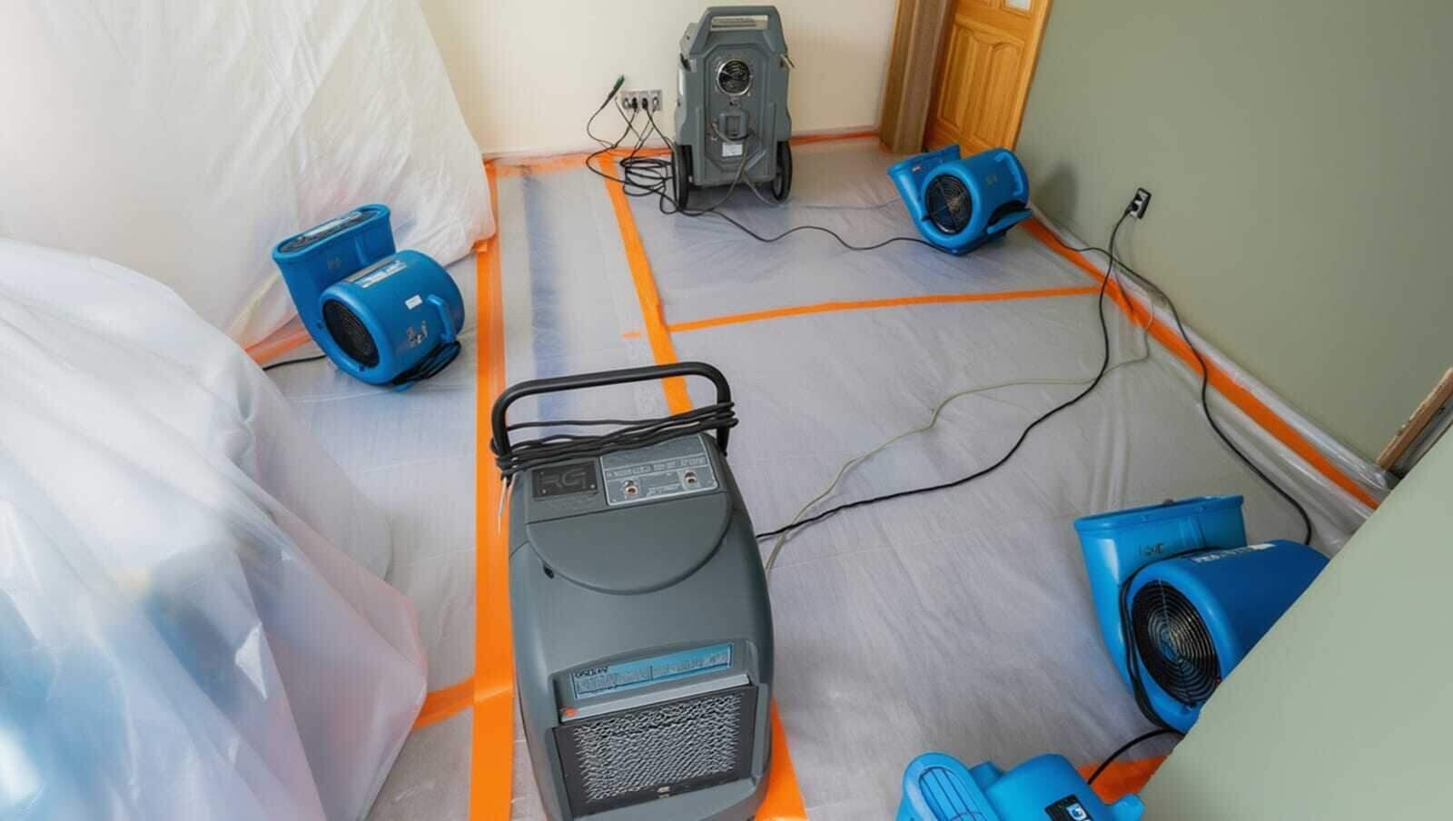 Air movers and dehumidifiers running a structural dry-out on a Dallas water damage job