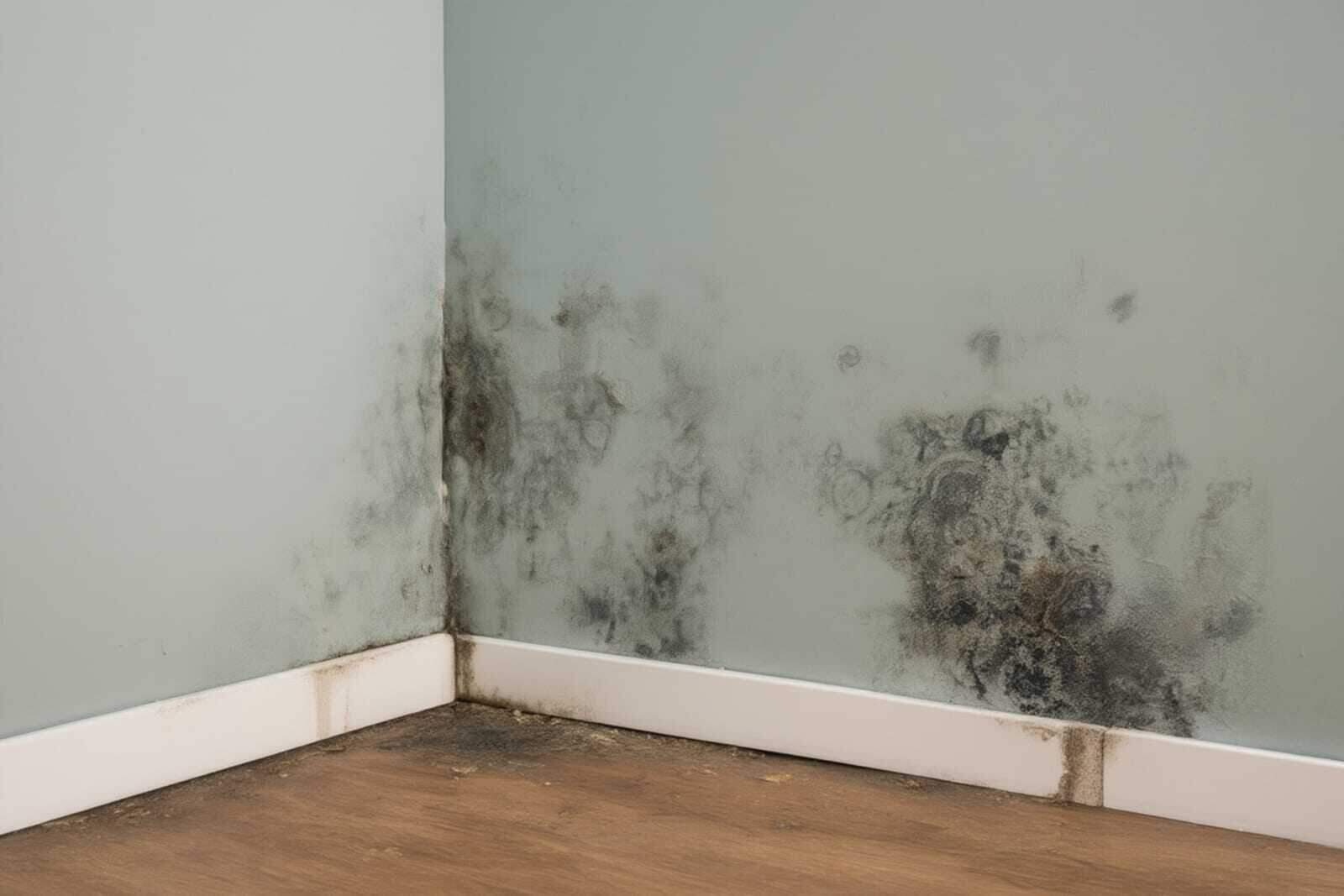 Heavy black mold growth along a wall and baseboard fed by hidden moisture in a Dallas, TX home