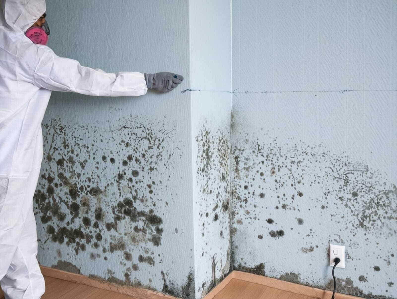 Technician in protective gear treating heavy black mold on a wall in a Dallas, TX home