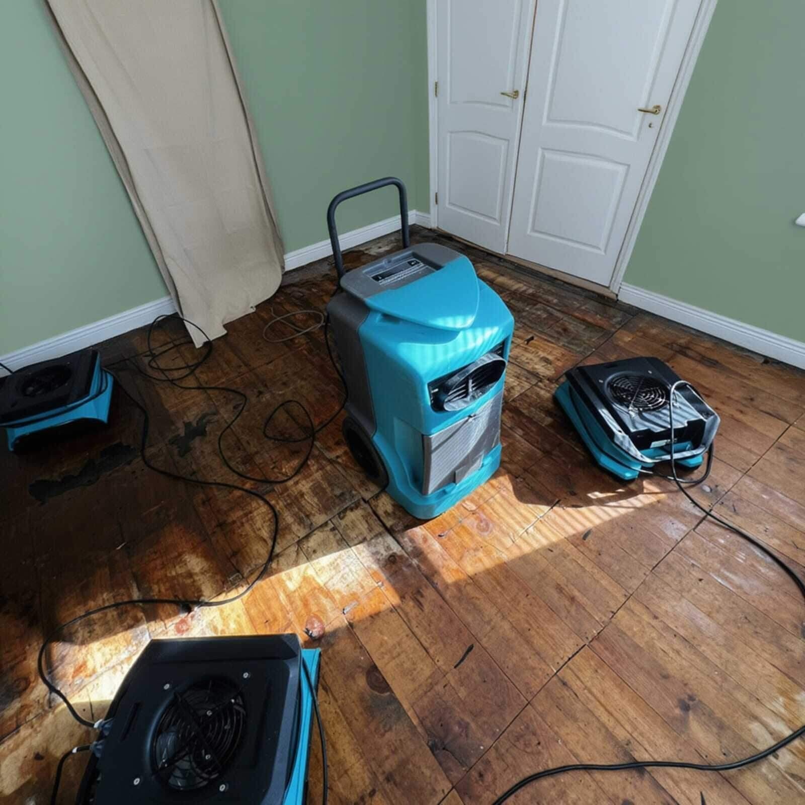 Drying equipment running in a Dallas, TX home after a Category 3 sewage backup cleanup
